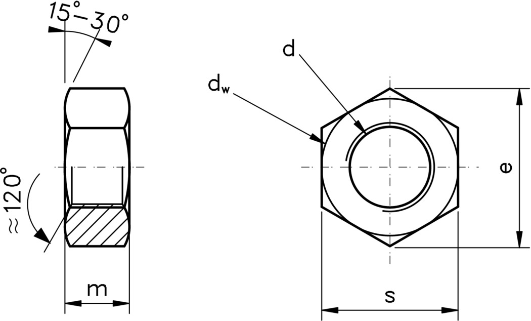 technical drawing of Full Hex Nuts (Standard Pitch), to DIN 934