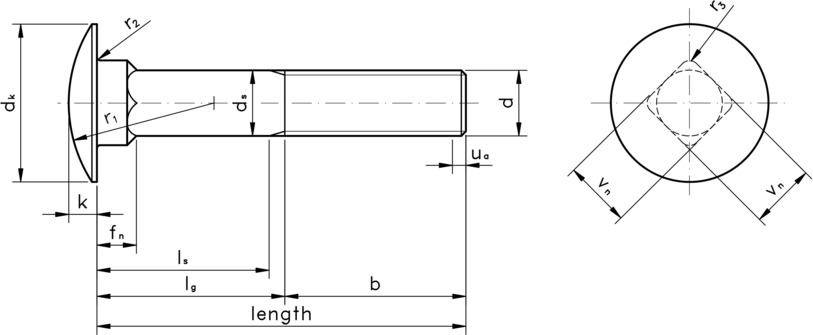 technical drawing of Coach Bolts (Cup Head Square Neck Bolts), with part thread to DIN 603