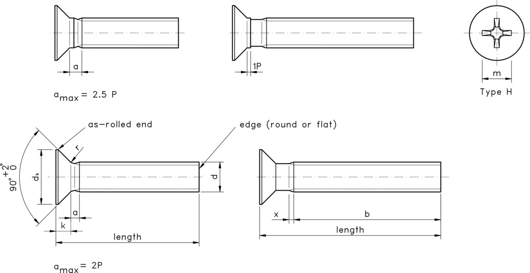 technical drawing of Phillips Countersunk Head Screws (type H recess), to DIN 965