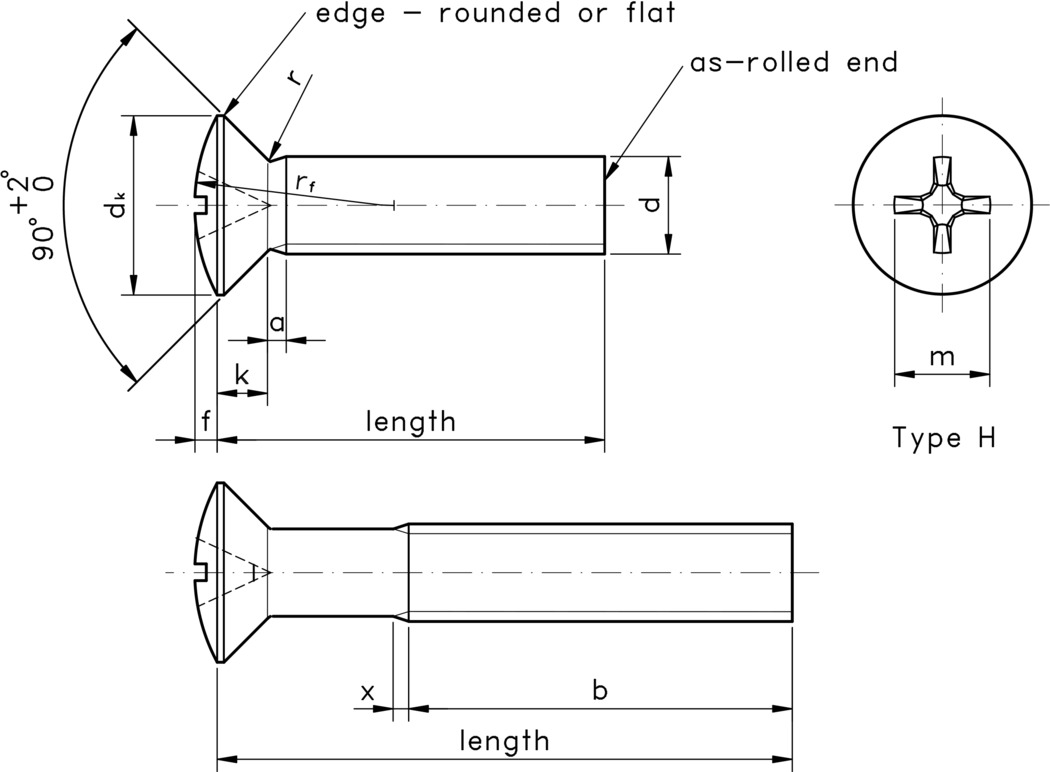 technical drawing of Phillips Raised Countersunk Head Screws (type H cross head), to DIN 966