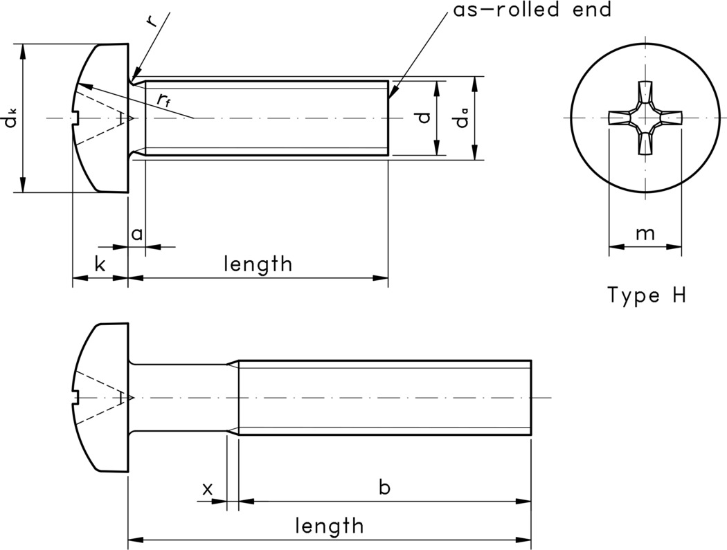 technical drawing of Phillips Pan Head Screws (type H recess), to DIN 7985