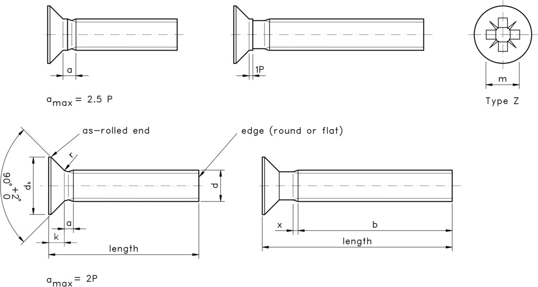 technical drawing of Pozi Countersunk Head Screws (type Z recess), to DIN 965