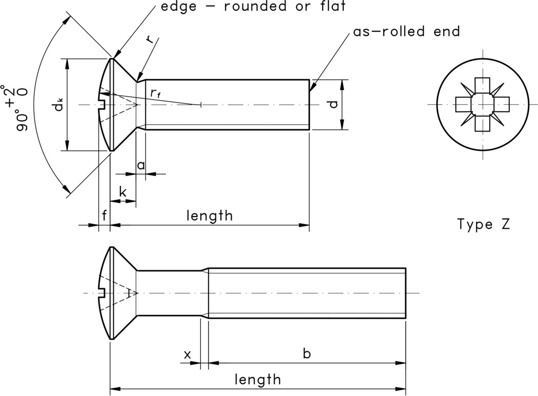 technical drawing of Pozi Raised Countersunk Head Screws (type Z cross head), to DIN 966