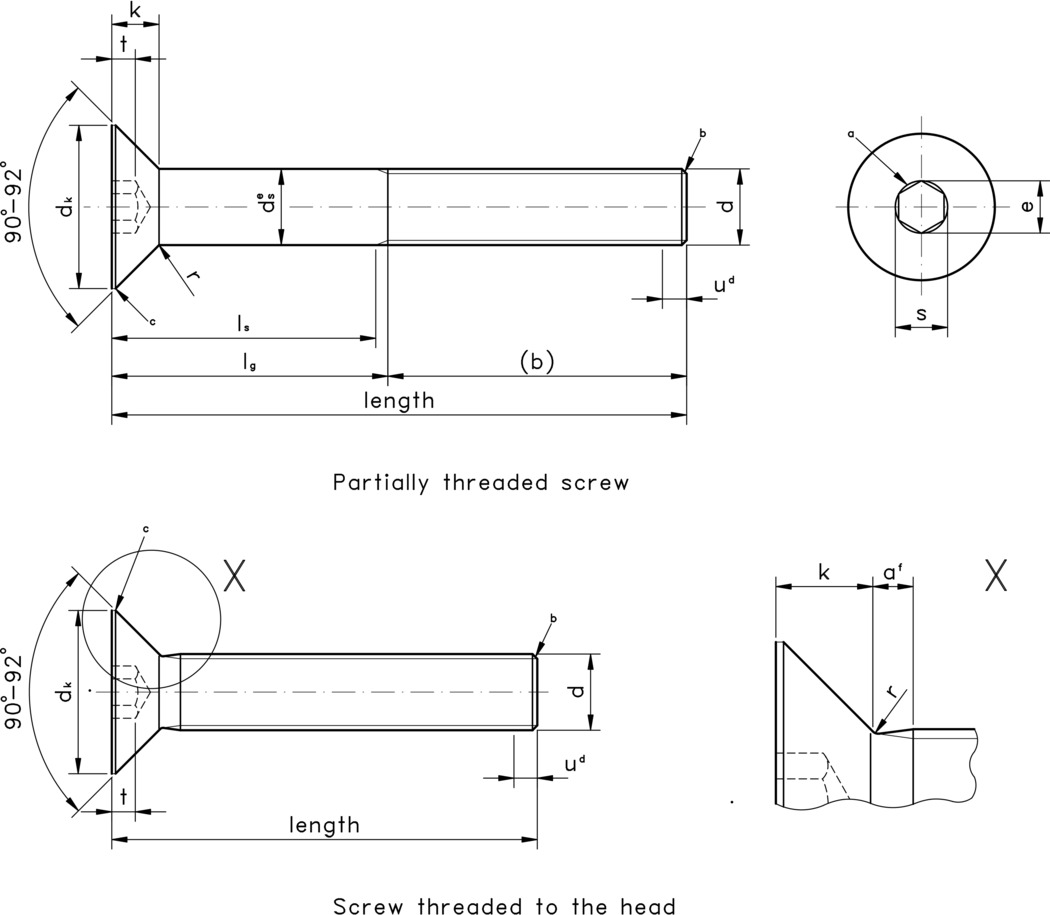 technical drawing of Hexagonal Socket Head Countersunk Screws, to ISO 10642