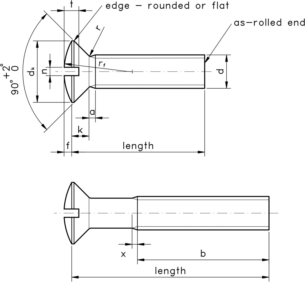 technical drawing of Slotted Raised Countersunk Head screws, to DIN 964