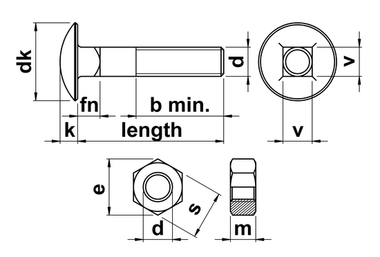 technical drawing of Coach Bolts and Nuts DIN 603 (Bolt) DIN 934 (Nut)