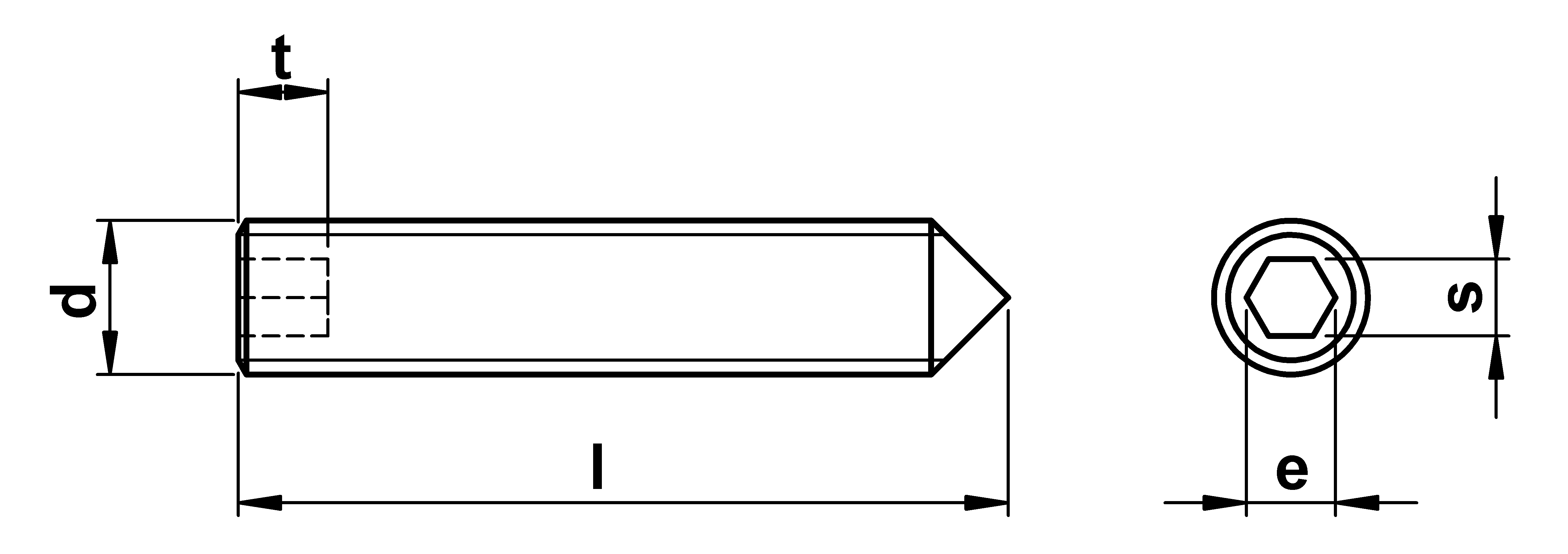 technical drawing of Cone Point Grub Screws ISO 4027 / DIN 914