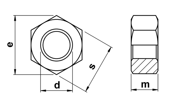 technical drawing of Full Hex Nuts Fine Pitch - ISO 8673 (DIN 934)