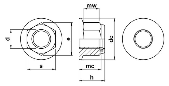 technical drawing of Hex Plain (Non-Serrated) Flange Nuts with Nylon Insert