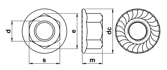 technical drawing of Hex Serrated Flange Nuts EN 1661 (DIN 6923)