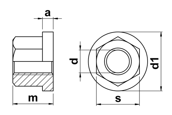 technical drawing of Hexagon Nut with Collar and height 1.5 x thread diameter
