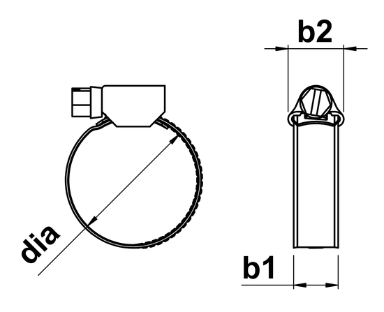 technical drawing of Hose Clips DIN 3017 9mm band in A2 Stainless Steel