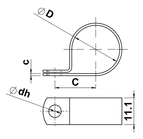 technical drawing of P-Clips in Solid Brass