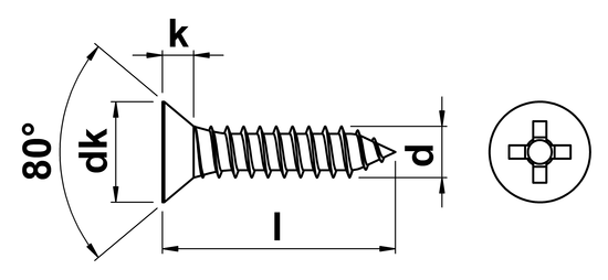technical drawing of Phillips Csk Self Tapping Screws Type C (AB) ISO 7050 (DIN 7982H)