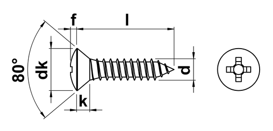 technical drawing of Phillips Raised Csk Self Tapping Screws DIN 7983