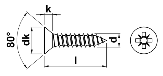 technical drawing of Pozi Csk Self Tapping Screws Type C (AB) ISO 7050 (DIN 7982Z)