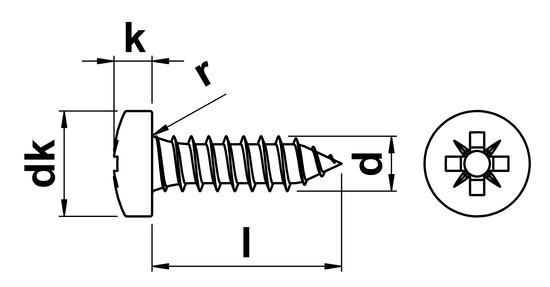 technical drawing of Pozi Pan Self Tapping Screws Type C (AB) ISO 7049 (DIN 7981Z)