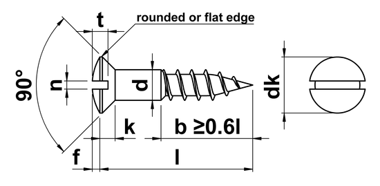 technical drawing of Slotted Raised Countersunk Woodscrews DIN 95