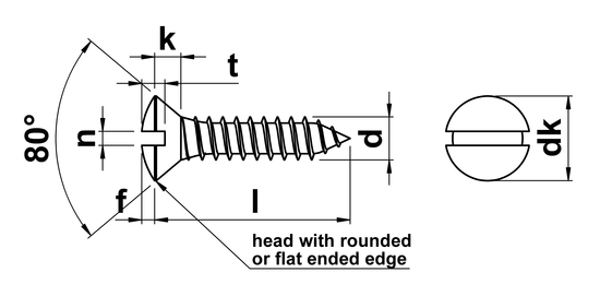 technical drawing of Slotted Raised Csk Self Tapping Screws DIN 7973C
