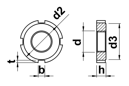 technical drawing of Slotted Round Nuts for hook spanner DIN 1804
