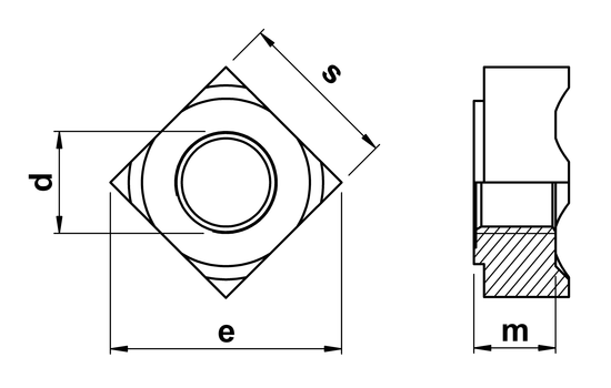 technical drawing of Square Weld Nuts DIN 928