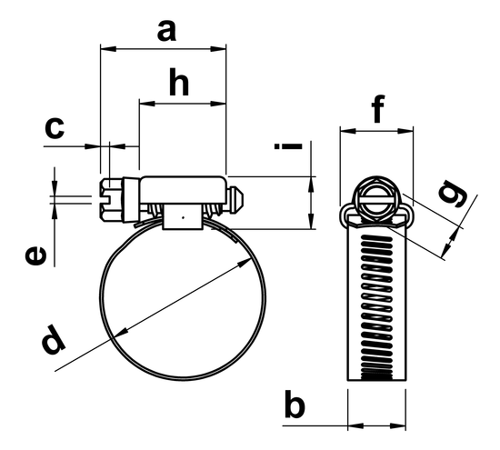 technical drawing of T620 Hose Clips 1/2inch band in Stainless Steel