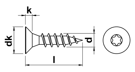 technical drawing of Torx Countersunk Chipboard Screws