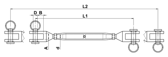 technical drawing of Turnbuckle with Closed Body and Milled Forks