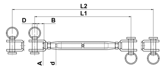 technical drawing of Turnbuckle with Closed Body and Welded Forks