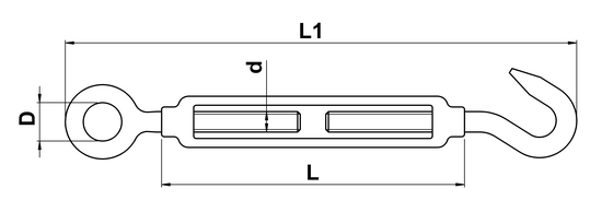 technical drawing of Turnbuckle with Open Body and Eye and Hook