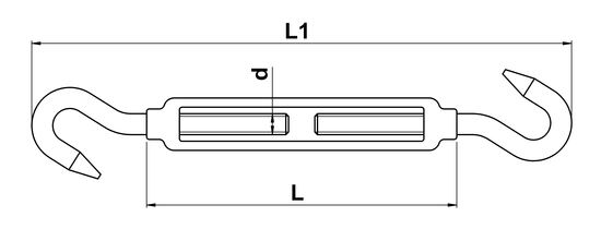 technical drawing of Turnbuckle with Open Body and Two Hooks