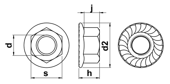 technical drawing of UNC Hex Serrated Flange Nuts