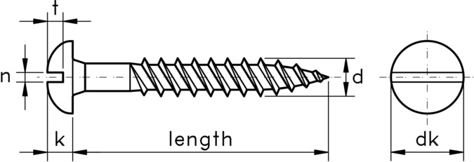 technical drawing of Black Japanned Wood Screw with a Slotted Round Head to British Standard BS 1210.