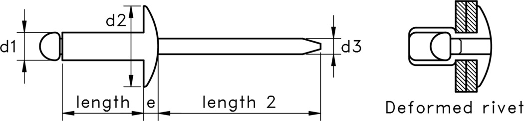 technical drawing of a large flange head open blind rivet