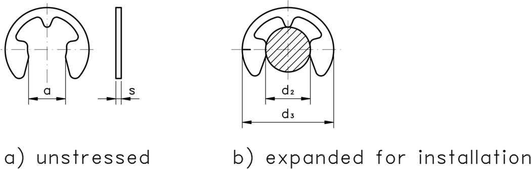 technical drawing of a Retaining Washer aka E-Clip, to DIN 6799