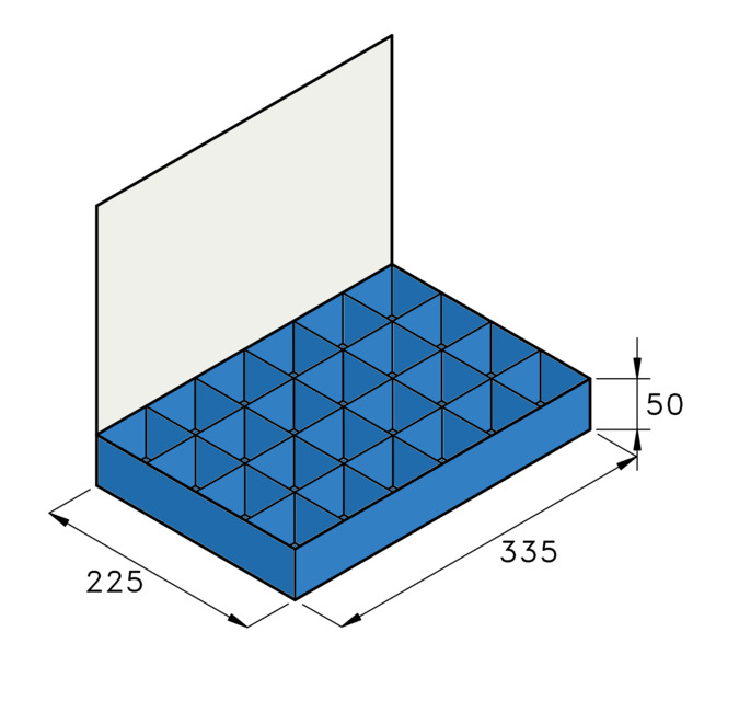 technical drawing of blue fixed 24 compartment assortment case.