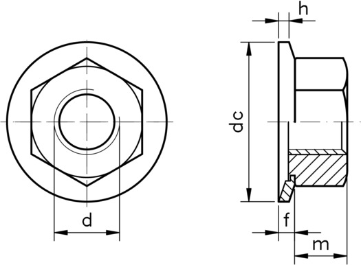 technical drawing of a Hexagonal Combi Nut with a Captive Conical Washer