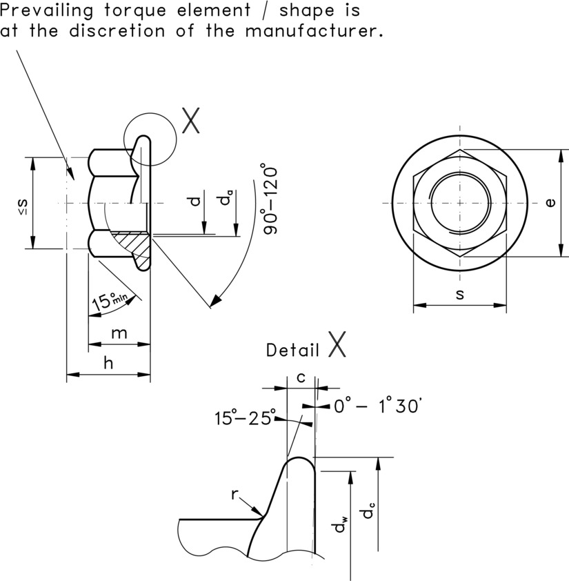 technical drawing of Hex Serrated Flange Nuts with Nylon Insert - DIN 6926