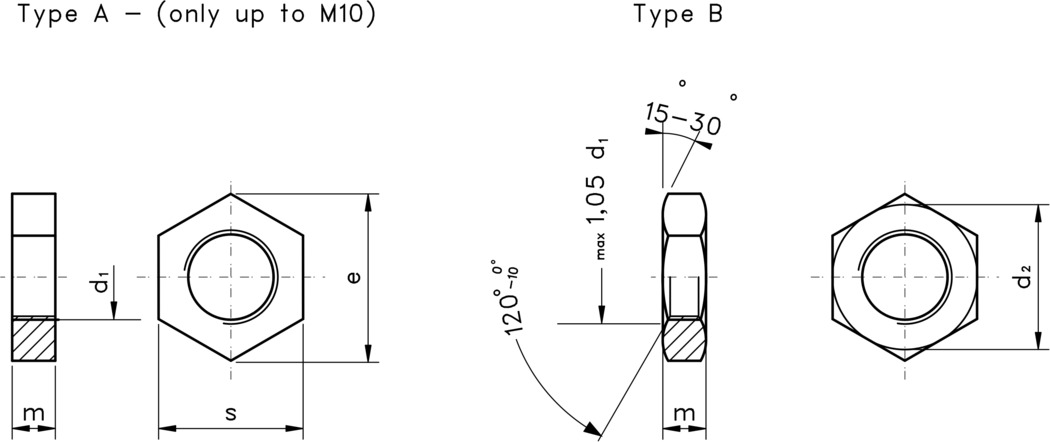 technical drawing of Half Nuts (Lock Nut) Coarse Pitch DIN 439