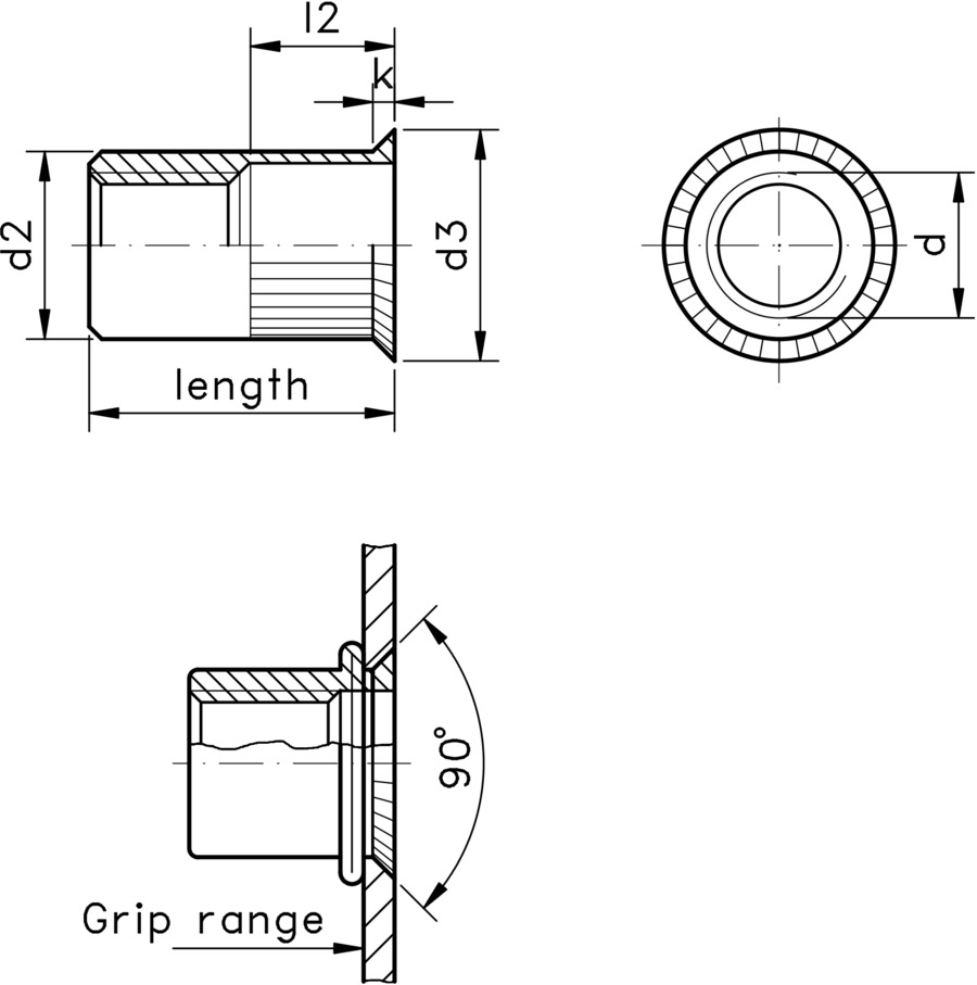 technical drawing of a blind rivet nut with a countersunk top, a straight knurled body and open end