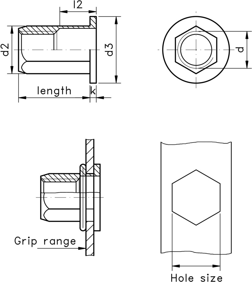 technical drawing of a Blind rivet nut with a flat top, full hexagonal body and open end
