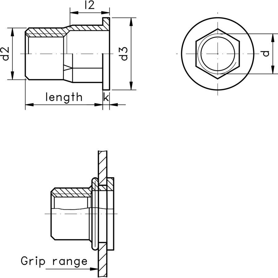 technical drawing of a blind rivet nut with a flat top, part hexagonal body and open end