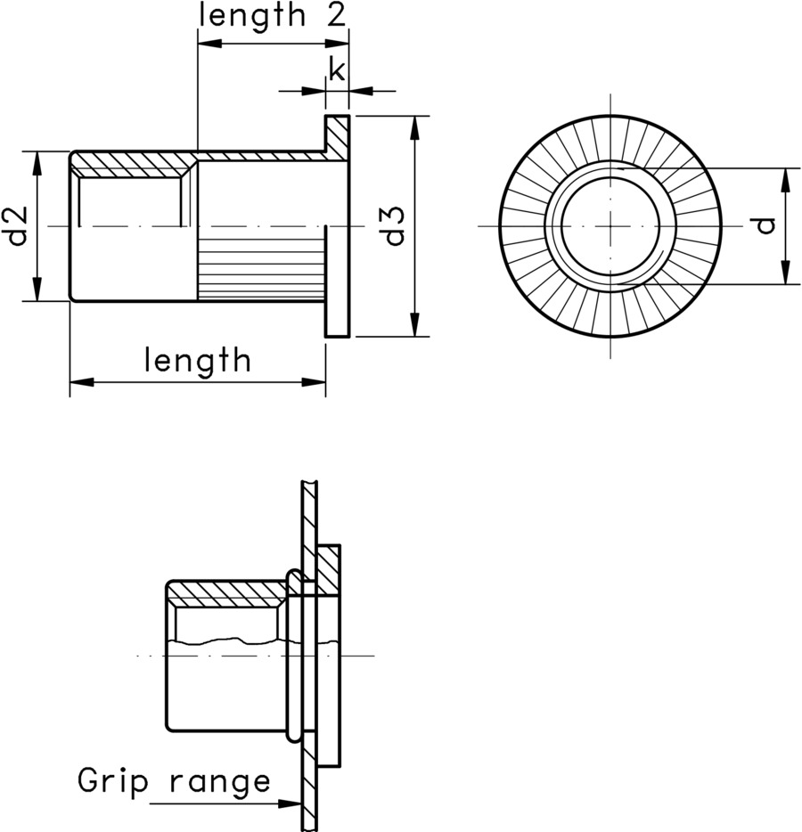technical drawing of Blind rivet nuts with a flat head, a straight knurled shank and an open end