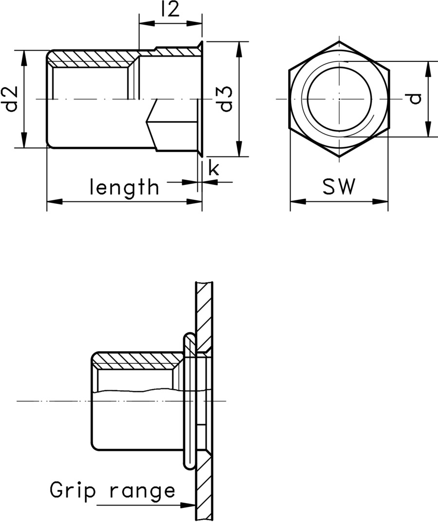 technical drawing of a Blind rivet nut with a low countersunk head, part hexagonal body and open end