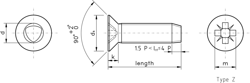 technical drawing of Pozi Countersunk Thread Rolling Screws for ISO Metric Threads - DIN 7500