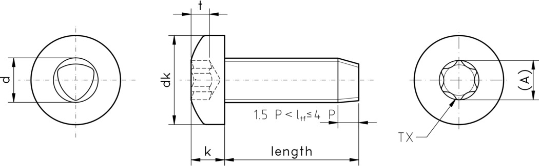 technical drawing of Torx Pan Thread Rolling Screws for ISO Metric Threads - DIN 7500