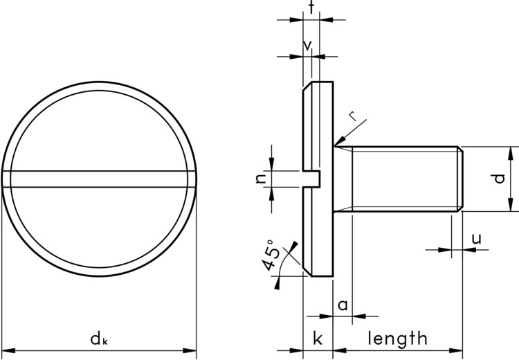 technical drawing of Slotted Pan Head Screws with Large Head, to DIN 921