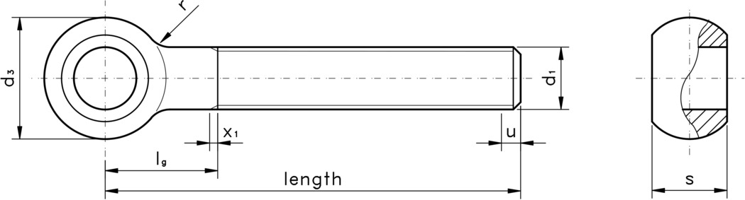 technical drawing of metric full thread swing bolt or eye bolt type B, to the DIN standard DIN 444L.