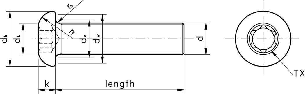 technical drawing of Torx Drive Button Head Screws, to ISO 7380 part 1