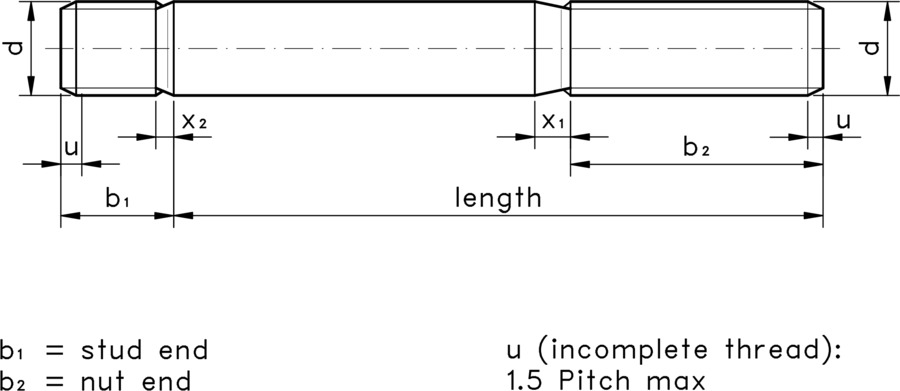 technical drawing of a stud with a length of engagement equal to about 1.25 x diameter